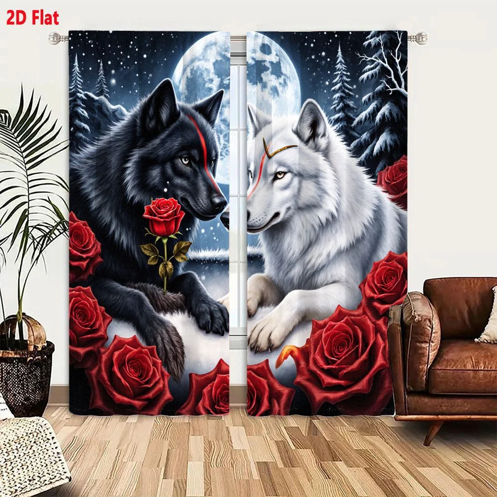 2Pcs Curtains 2D Flat Fantasy Wolves In Snowy Moonlit Landscape With Red Roses And Decorative Elements Window Drapes for Bedroom