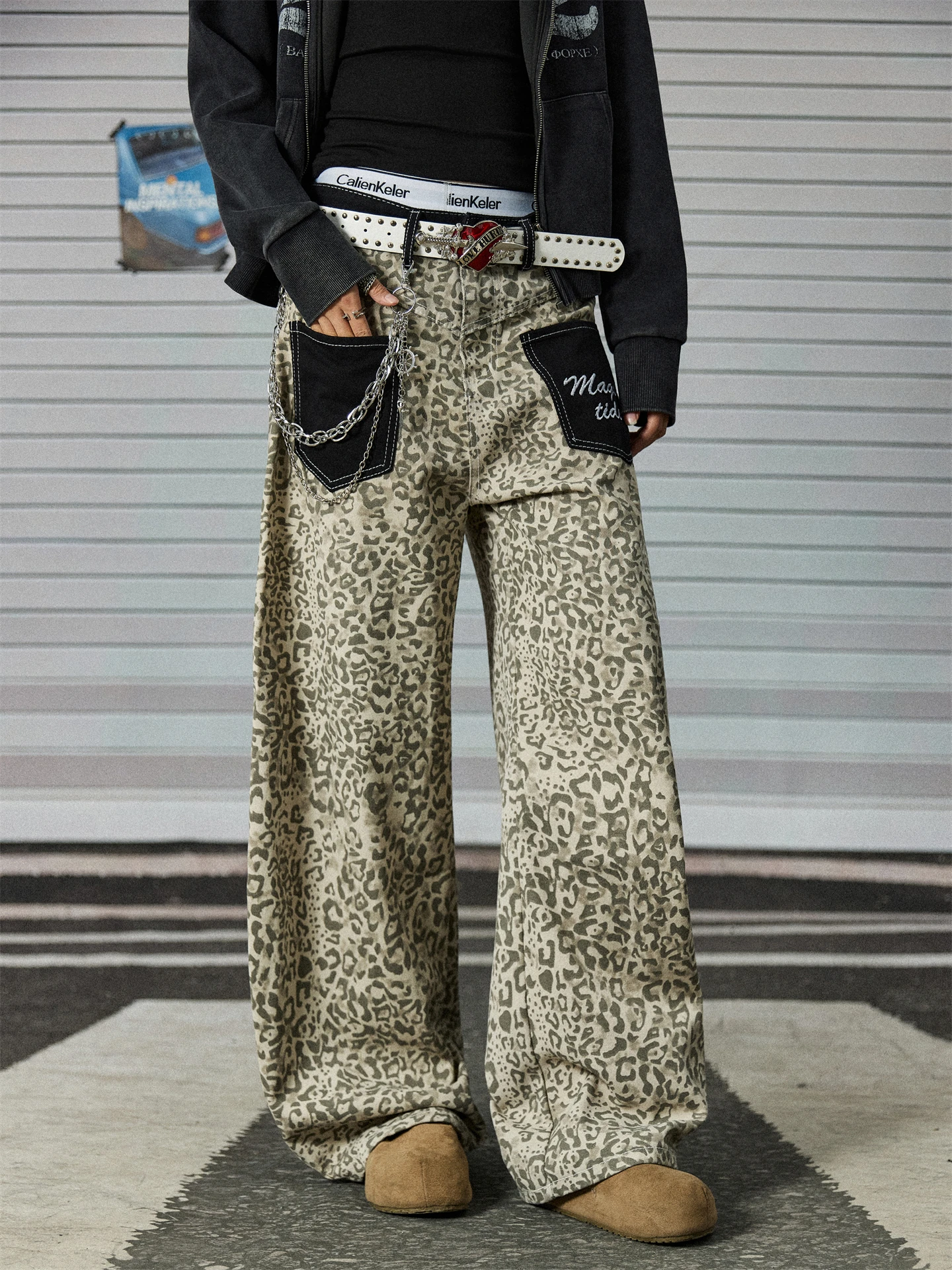 Men's Baggy Leopard Print Denim Jeans mid Waist Washed Wide Leg Pocket Reversal Casual Straight Cut Street Style Jeans