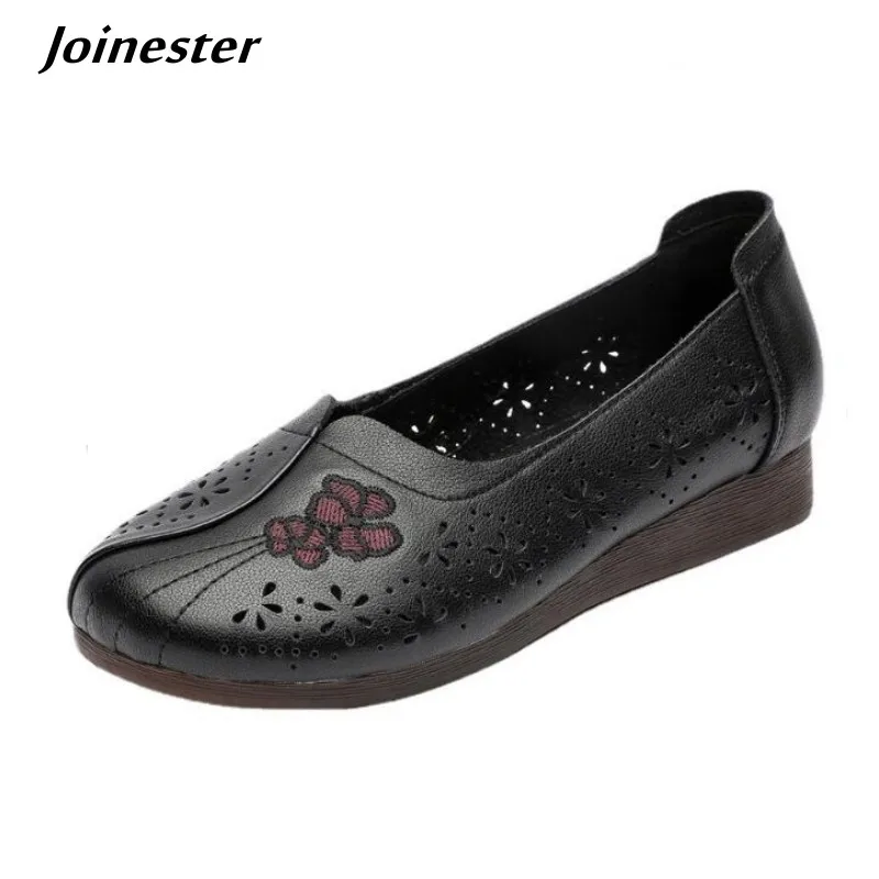 

Full-grain Leather Loafer for Women Round Toe Slip on Casual Spring Shoes Hollow-out Retro Mom Shoe Soft Breathable Moccasins