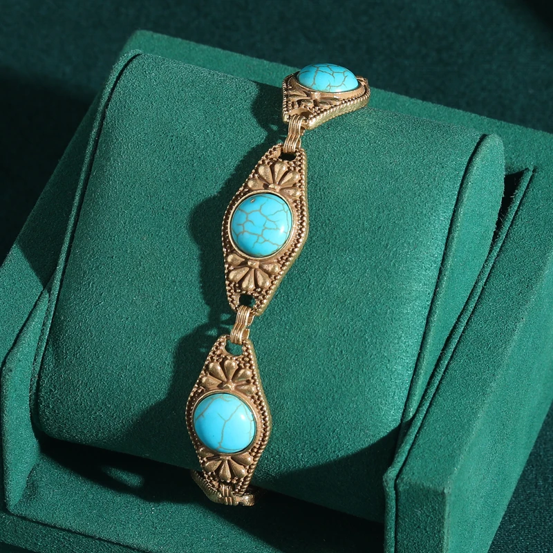 

Vintage Turquoise Jewelry Flower Bracelets Antique Gold Color Engrave Eye Woman Luxury Designers Summer Beach Accessories 2025