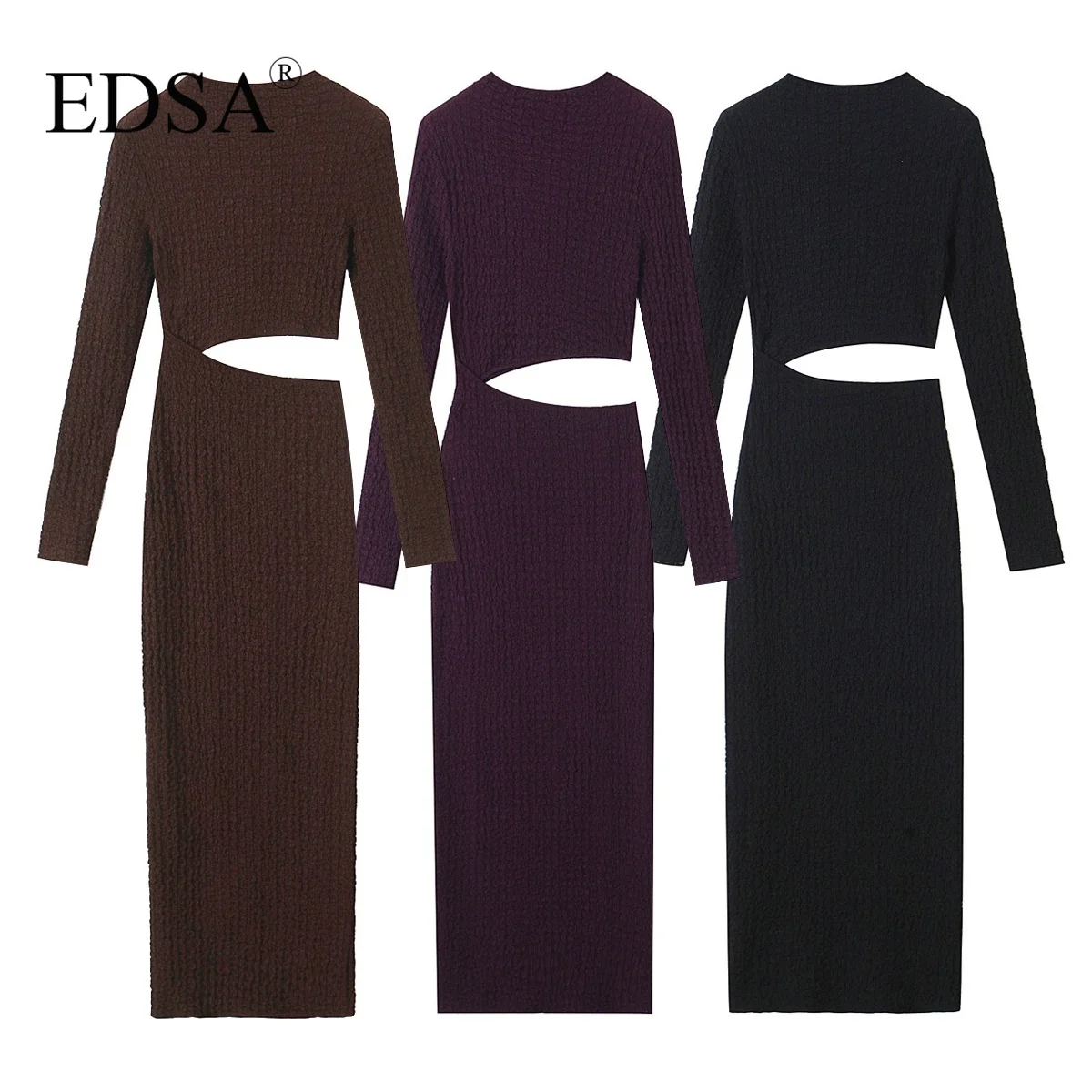 EDSA Women Textured Cut-out Midi Dress High Waist Long Sleeves Hollow Out Elegant Female Long Dresses