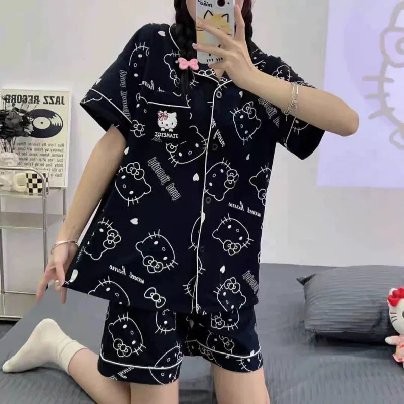 New Sanrio Hello Kitty Black Pajamas Sets For Women Summer Cute Short Sleeved Sleepwear korean fashion 2 Piece Home Suit Clothes