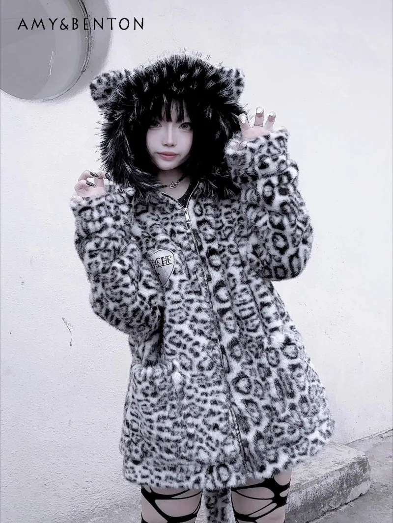 

Japanese Subculture Leopard Print Cat Ear Plush Patchwork Hooded Mink Coat Winter Gothic Cartoon Embroidery Oversized Coat Women