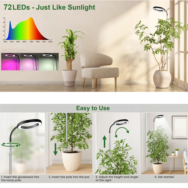 Imagem -02 - Full Spectrum Grow Light para Plantas de Interior Espectro Vermelho e Azul Plant Light Lâmpada Crescente com Temporizador Altura Ajustável Regulável