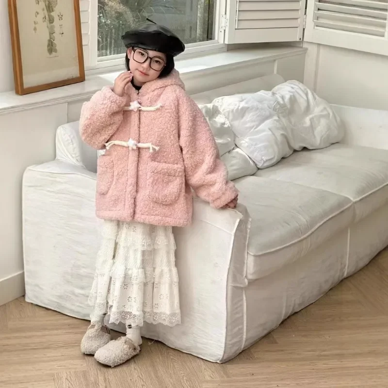 Girls' Winter Coat 2024 New Medium and Older Children's Fleece Thickened Lamb Fleece Medium and Long Integrated Hooded Jacket