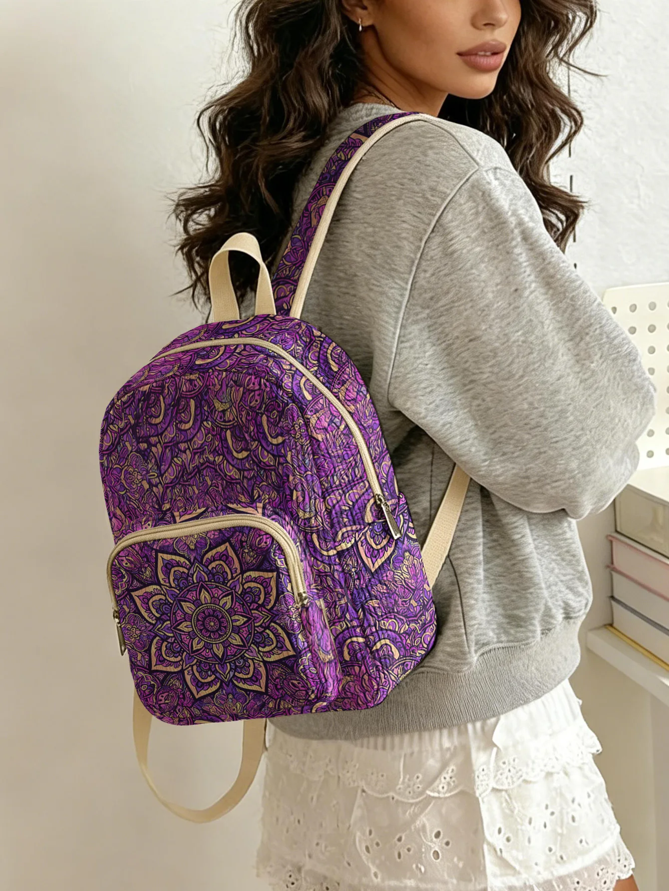Purple & Gold Mandala Print Women Fashion Backpack Corduroy Multi-pocket Large Capacity Commuter Bag