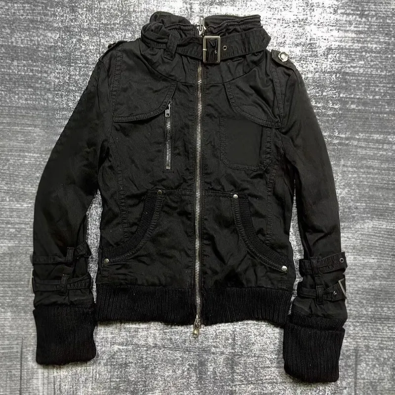 Gothic American Style Vintage Black Jacket Coat Women Moto Biker Sweatshirts Fashion Design Stand Collar Zippers Pockets Y2k Top