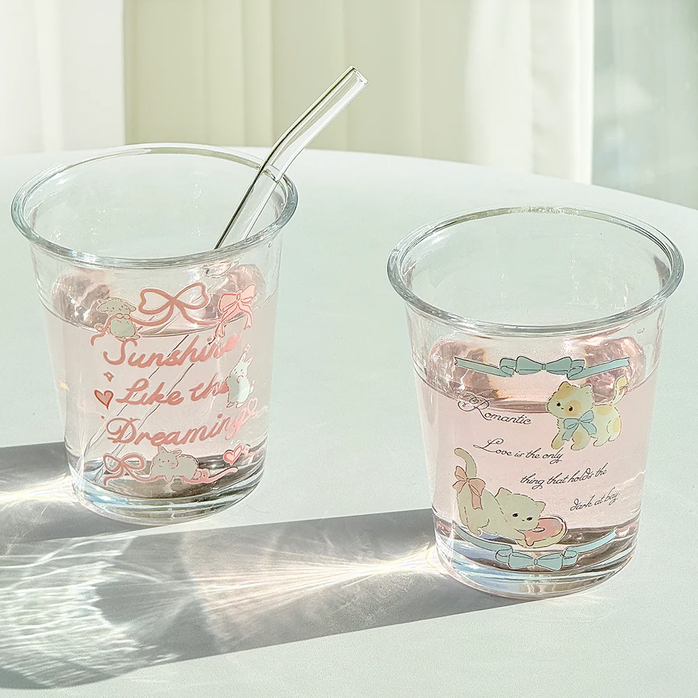 Original Love Bow Cartoon Glass Cup with Straw, Cute Bear Transparent Wine Glass, Cold Brew Coffee Cups, Whiskey Cocktail Glass