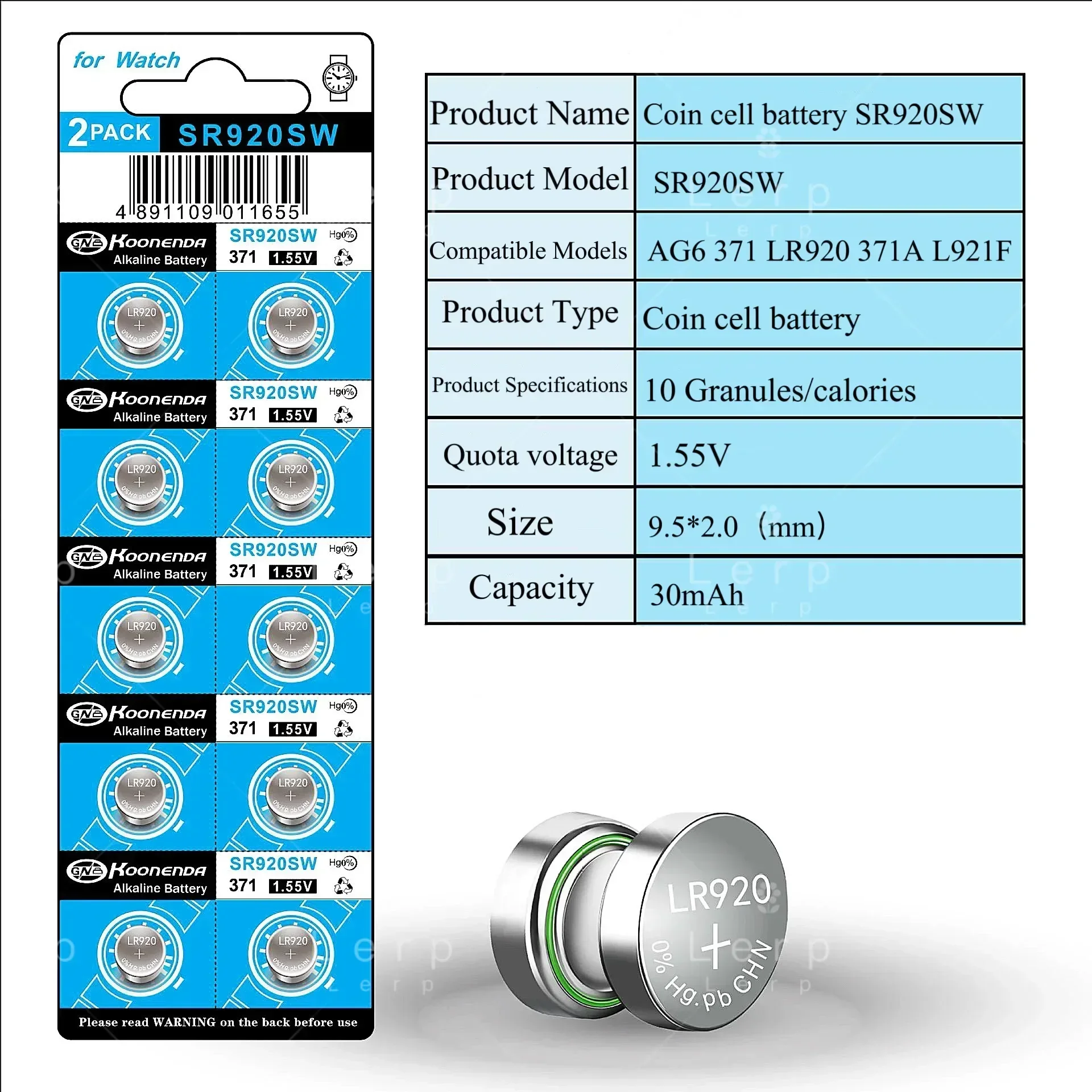 แบตเตอรี่ปุ่ม SR920sw ใช้ได้ทั่วไปกับ AG6/LR920/171/LR69/371เหมาะสำหรับนาฬิกาซิลเวอร์ออกไซด์นาฬิกาควอทซ์นาฬิกาพกฯลฯ