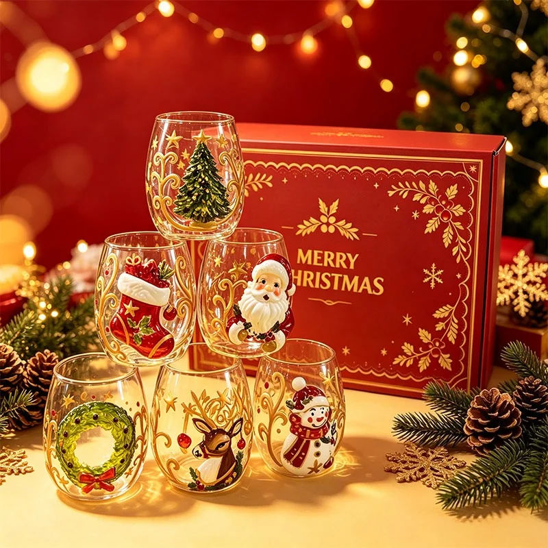 3D Real Shot High Borosilicate Glass Cups 6Pcs Christmas Santa Snowman Wine Glass Xmas Party Gift for Wine Milk Juice