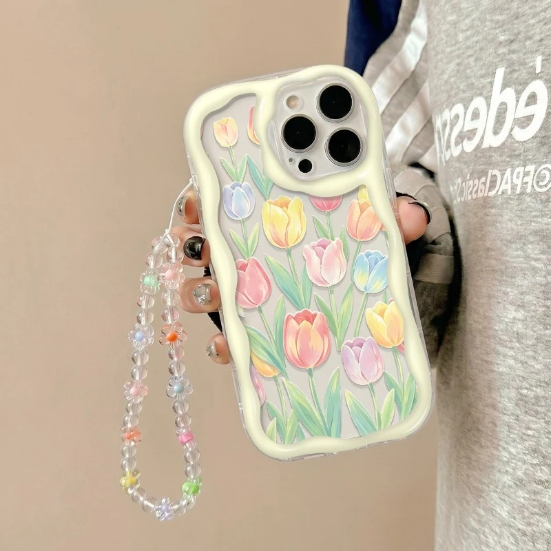 Cute Colorful Tulip Pattern Clear Wave Phone Case For iPhone 11 12 13 14 15 16 17 Pro Max Plus 16e 17e Shockproof Soft Cover view 6