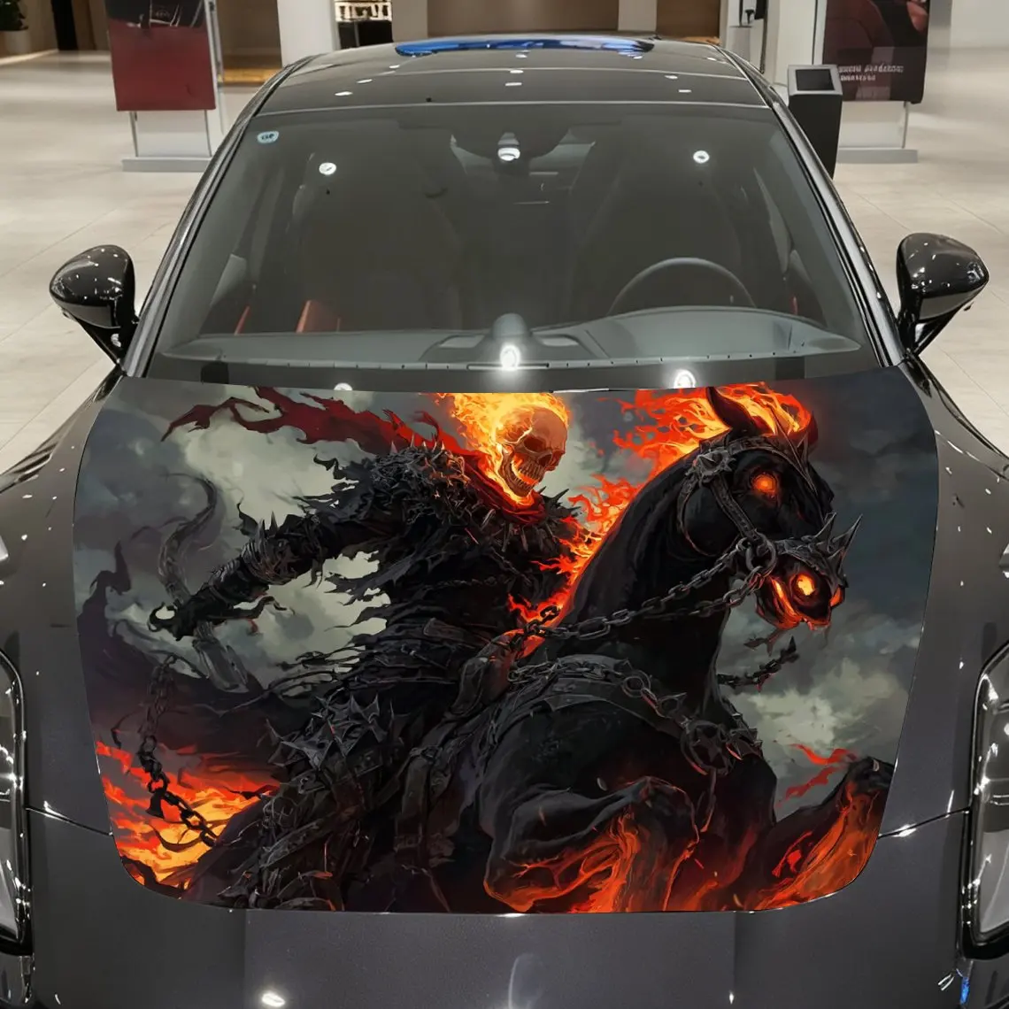 

Flame Skull Riding A Horse Car Hood Stickers, Wrapped In Colorful Vinyl Stickers, Suitable For All Cars, Decorative Hood Pattern