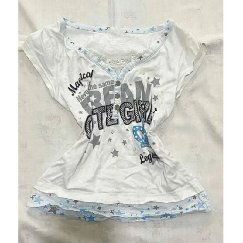 

Deeptown Y2k Vintage Letter Print T-shirt Women Japanese Style Harajuku Graphic T Shirts Sweet Lace Patchwork Short Sleeve Tees