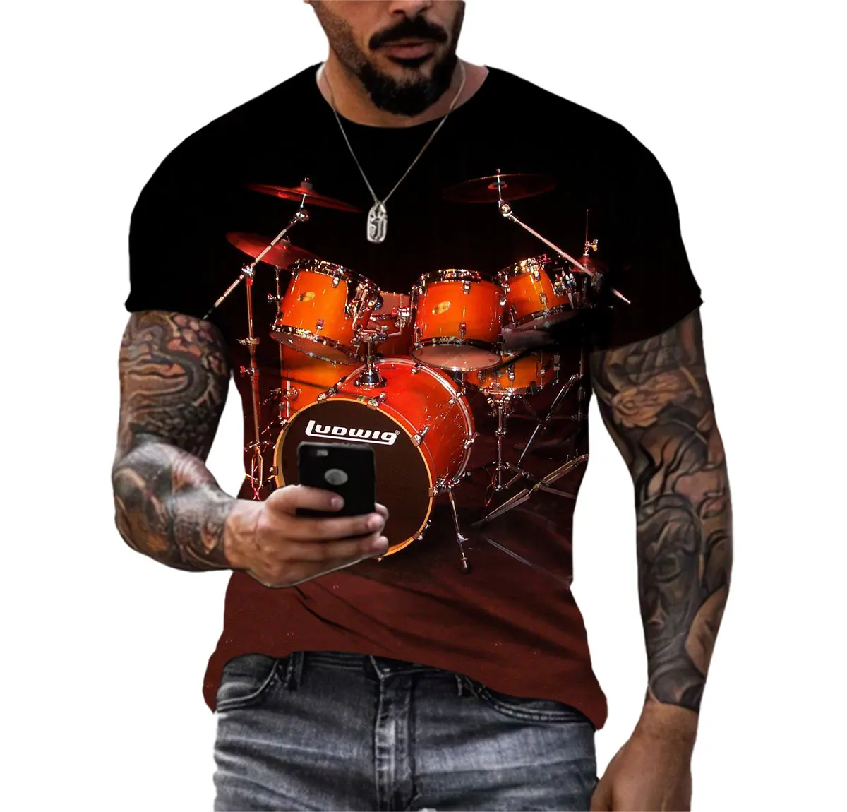 Summer Hip-Hop Color Drum Kit 3d Printed Men\'S T-Shirt Party Large Size Short Sleeve Premium Quick-Drying Comfortable Clothing