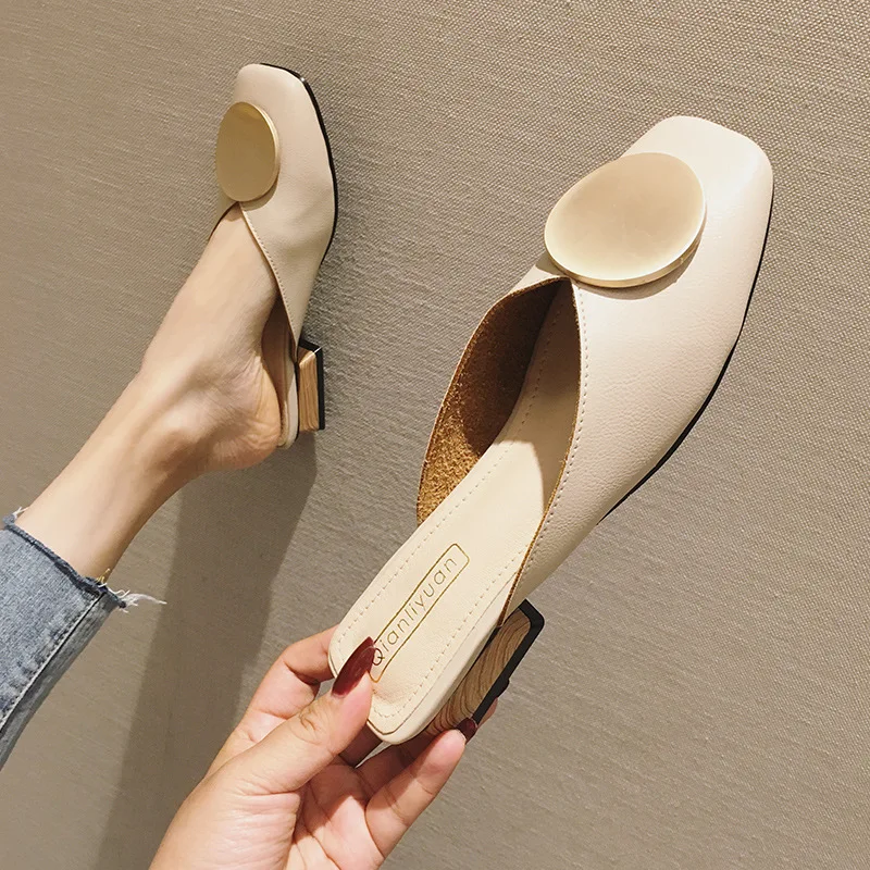 Brand Designer Women Slippers Slip On Mules Flat Heel Casual Shoes British Buckle Slides Wooden Block Heels Summer Footwear