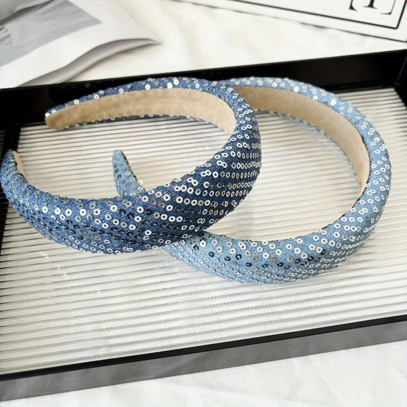 

Glitter Denim Headband Sparkling Design High Crown Non-Slip for Women Girls Street Style Hair Accessories