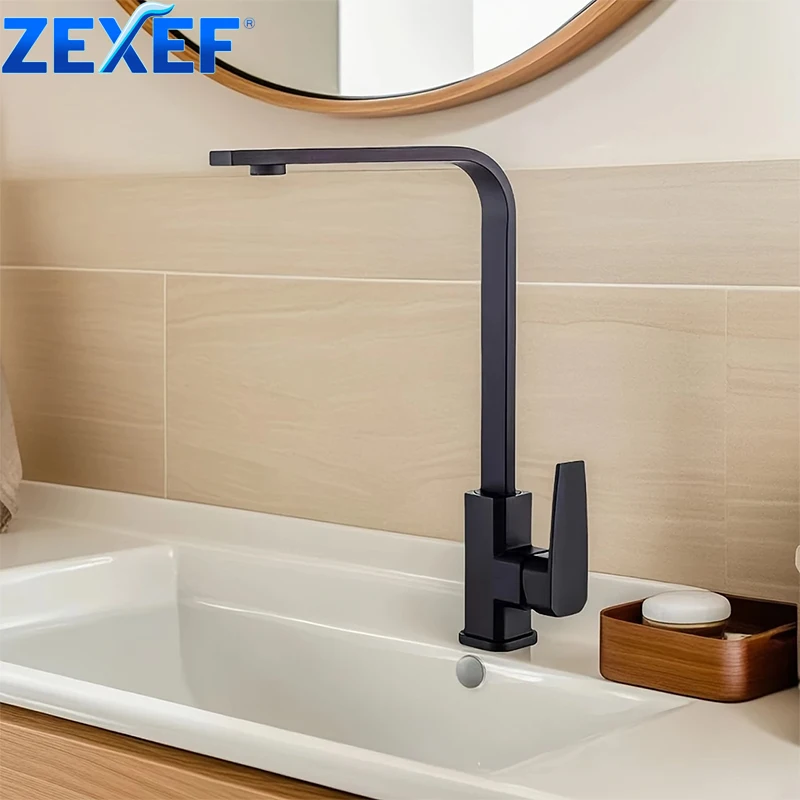 

ZEXEF Black Paint Seven-character Square Kitchen Faucet Electroplating Refined Copper Hot and Cold Rotatable Washbasin Faucet