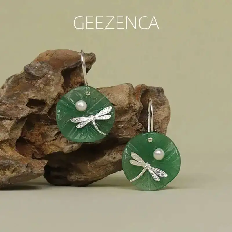 

GEEZENCA Aventurine Green Stone Lotus Leaf 925 Silver Dragonfly Dangle Drop Earrings Women Dainty Trendy Earring Party Her Gift