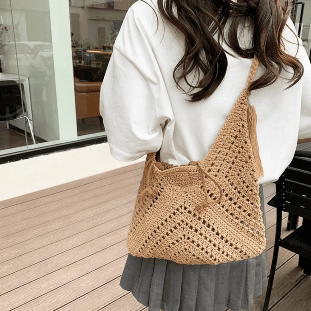 

Simple Bohemian Knitted Shoulder Bag Cotton Thread Hollowed Crochet Tote Bag Solid Color Large Capacity Beach Bag Beach