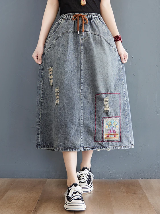 Retro bestickter Jeansrock für Damen, lässig, locker, A-Linie, Midirock, schlankmachend, hohe Taille, Vintage, Frühling, Sommer, Herbst, neue Ankunft...