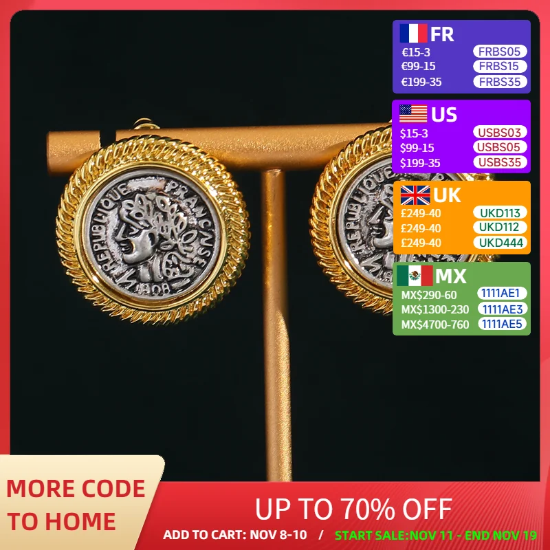 

Vintage Antique Jewelry Two Tone Gold Color Head Carving Round Coins Stud Earrings for Women Jewelry Retro Luxury 2024