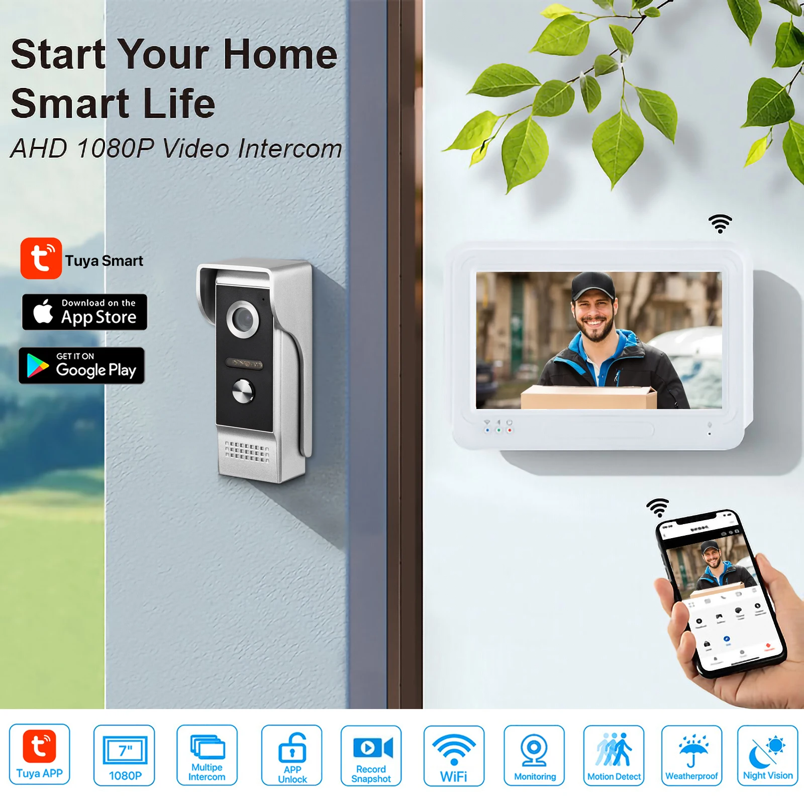 WiFi Video Intercom System, 1080P All Aluminum Alloy Doorbell Camera with Touch Monitor 32G TF Card, Video Recording, Tuya APP