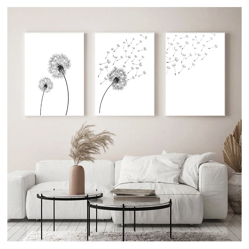and White Minimalist Poster Prints Canvas Wall Art Painting Decoration Picture Modern Home Decor Set of 3 Dandelion Black