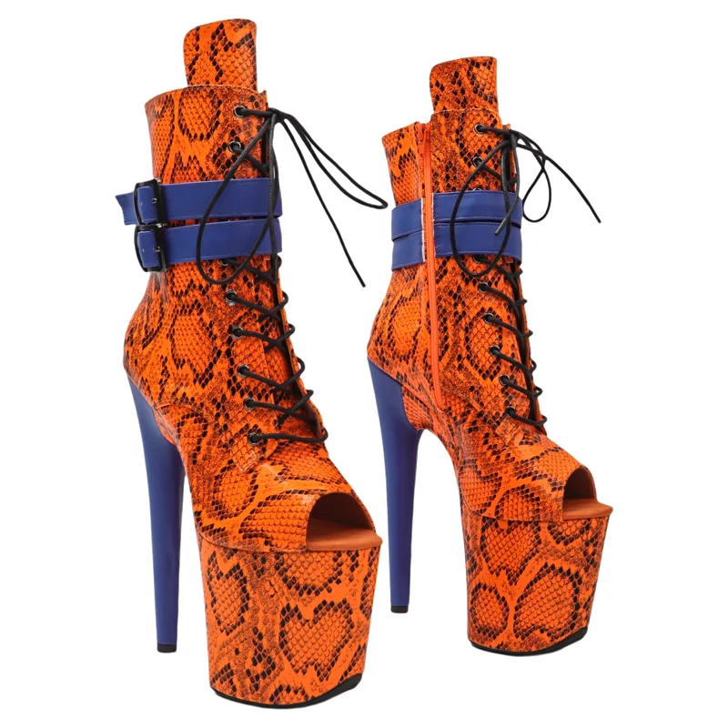 Leecabe   20CM/8inches Snake print with matte PU strap style Trend fashion High Heel platform stripper heel  Pole Dance boots