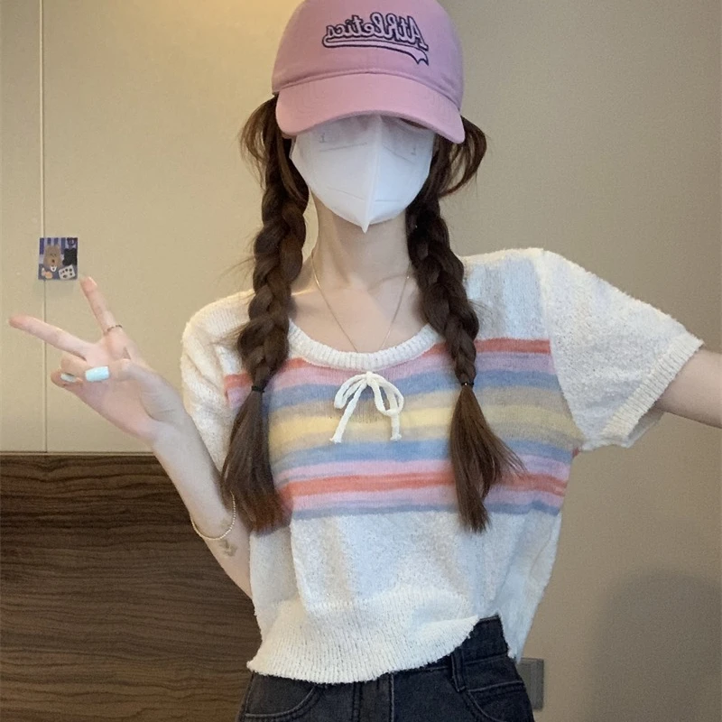 Rainbow Striped T-shirts Women Sweet Bow Summer Thin Short Sleeve O-neck Loose Tops Korean Style Versatile Casual Blouse Female
