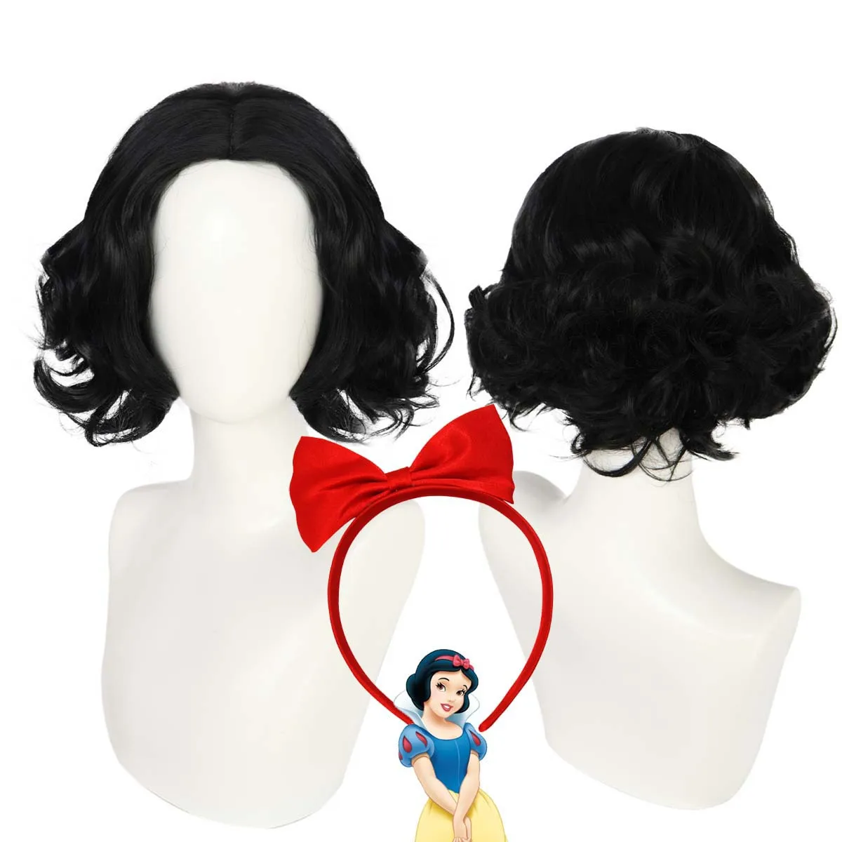 

Halloween Costume Party Women Princess Snow White Short Curly Bob Black Wig With Headband