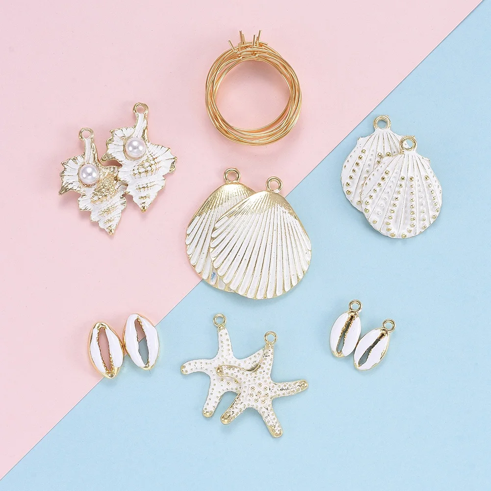 

1 Set Scallop Conch Starfish Shell Pendants with 304 Stainless Steel Hoop Earrings Jewelry Making Kit for Marine Series earings