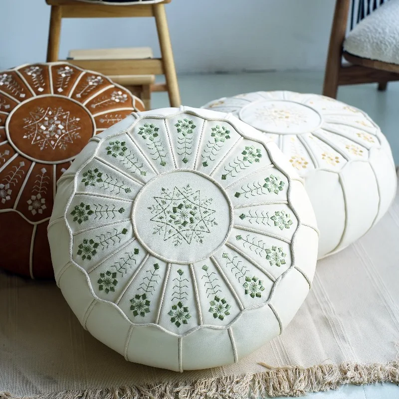 50x30cm Moroccan PU Leather Pouf Embroider Craft Soft Ottoman Footstool Home Decor Artificial Leather Unstuffed Cushion