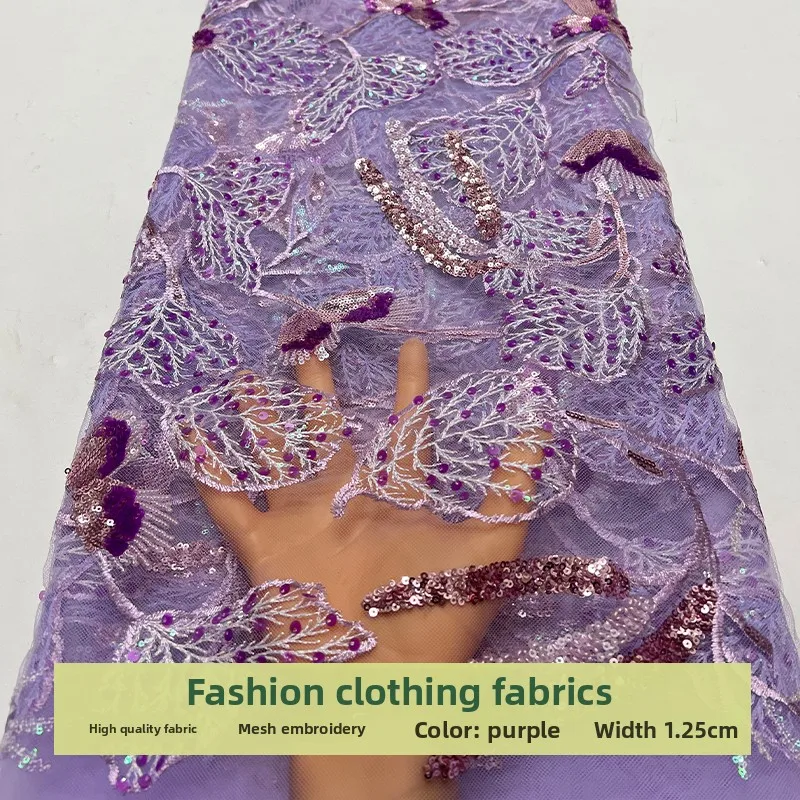 

Mesh Leaf Pattern Sequins Embroidery Fabric for Wedding Dress Cheongsam Clothing Diy Cloth By The Yard Sewing Material