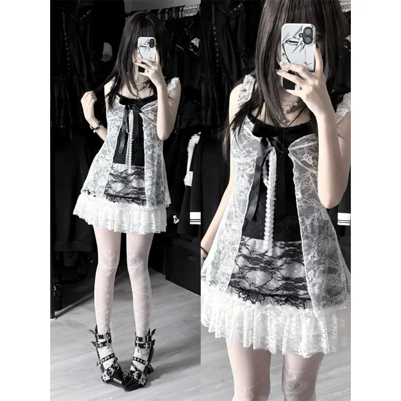 

Американский винтажный комплект из 2 предметов 2000-х годов, женский укороченный топ Y2k, кружевная блузка + мини-платье без рукавов, ретро-наряды, шикарные костюмы