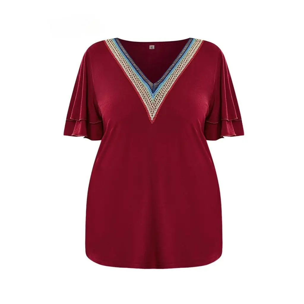Plus Size Women's Elegant V Neck Blouse, XL-5XL Flare Sleeve Lace Trim Casual T Shirt, Burgundy Loose Fit Summer Tops - view 4