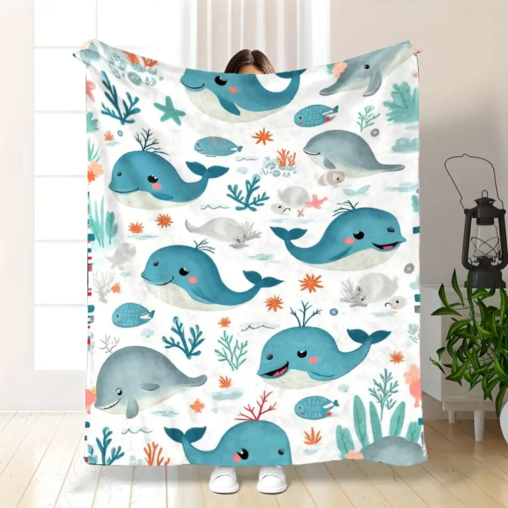 Cute Cartoon Whale Flannel Throw Blanket, Underwater Sea Creature Print Soft Warm Blanket for Sofa Bedroom Home Decor