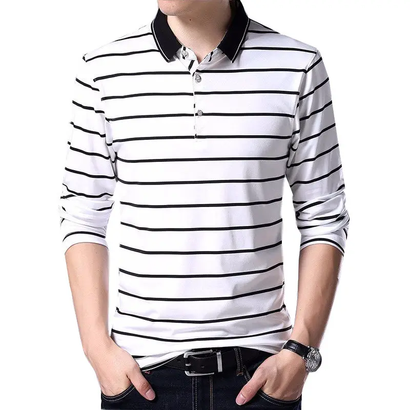 Korean High-end Pure Cotton Long Sleeved PoloT Shirt Slim Lapel Button Business Casual Black and White Striped High Elastic Top