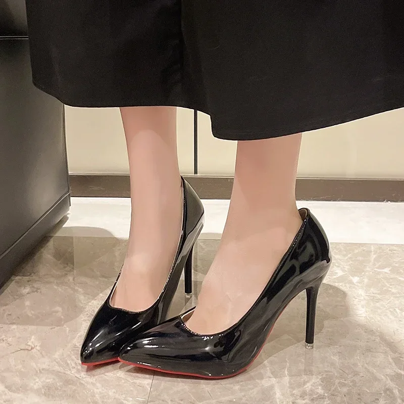 

Women's Large Size High Heels Fashion Pointed Tip Anti-slip Shallow Mouth Red Bottom High Heels Thin Heels 10cm Zapatos Mujer