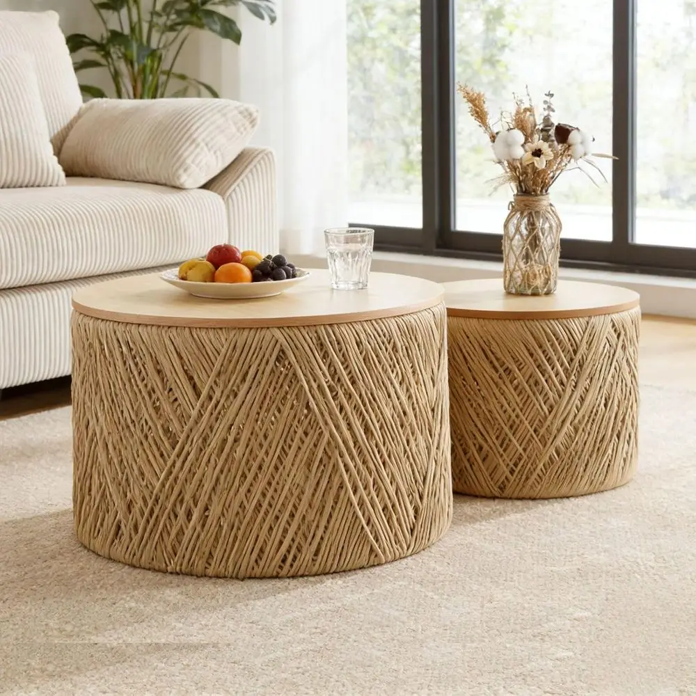 

Rustic 2-Piece Wooden Coffee Table Set with Woven Center, Ideal for Living Room or Bedroom, Ready to Use, Natural Finish