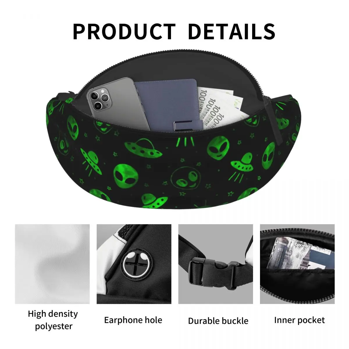 Personalizado UFOs e Aliens Fanny Pack para Mulheres e Homens, Cool Crossbody, Saco de Cintura, Ciclismo, Camping, Telefone Money Pouch