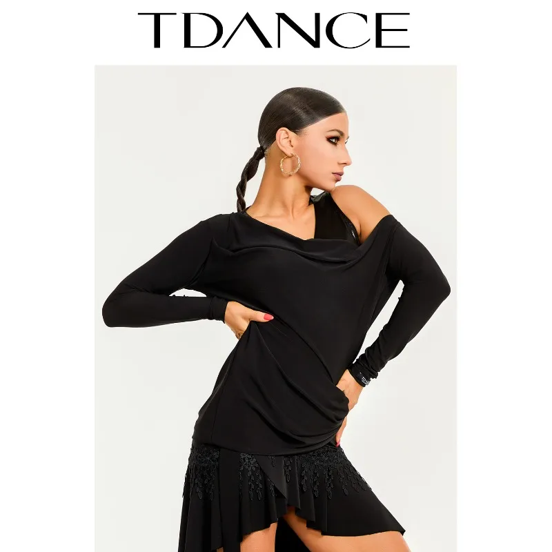Maßgeschneidertes TDANCE Latein-Übungskleid [Schrägoberteil mit schwingendem Kragen hinten] Tanzkleid für weibliche Erwachsene gepaart mit Kapuzenpullover GL-56