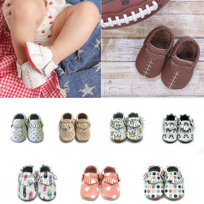 Baby Shoes Printing Design Animal Baby Crawling Slippers Soft Leather Moccasins For Boys Girls First Walker Fringe Booties