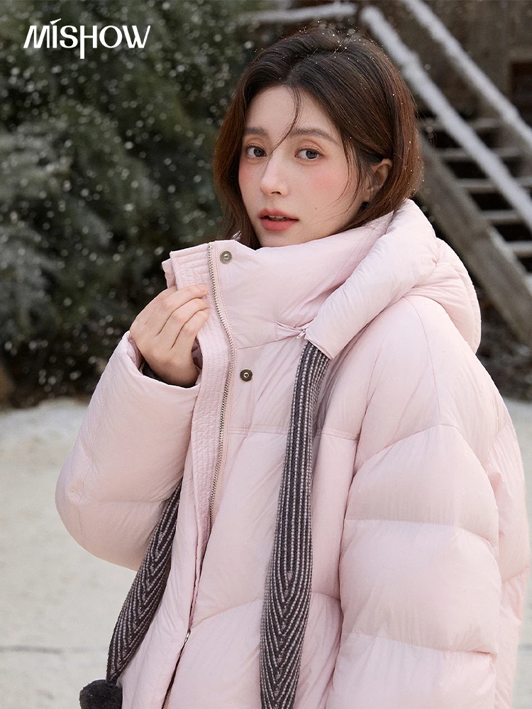MISHOW Women's Pom-Pom Hooded Down Jacket 2025 Winter Sweet Short Lightweight Down Jackets Warm Windproof Coat MXE92Y0088