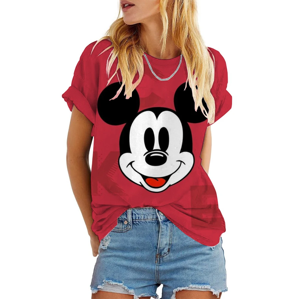 Disney Mickey Mouse Print Summer T Shirt For Women Oversize T-shirt Round Neck Clothes Pulovers Top Graphic T Shirts Casual