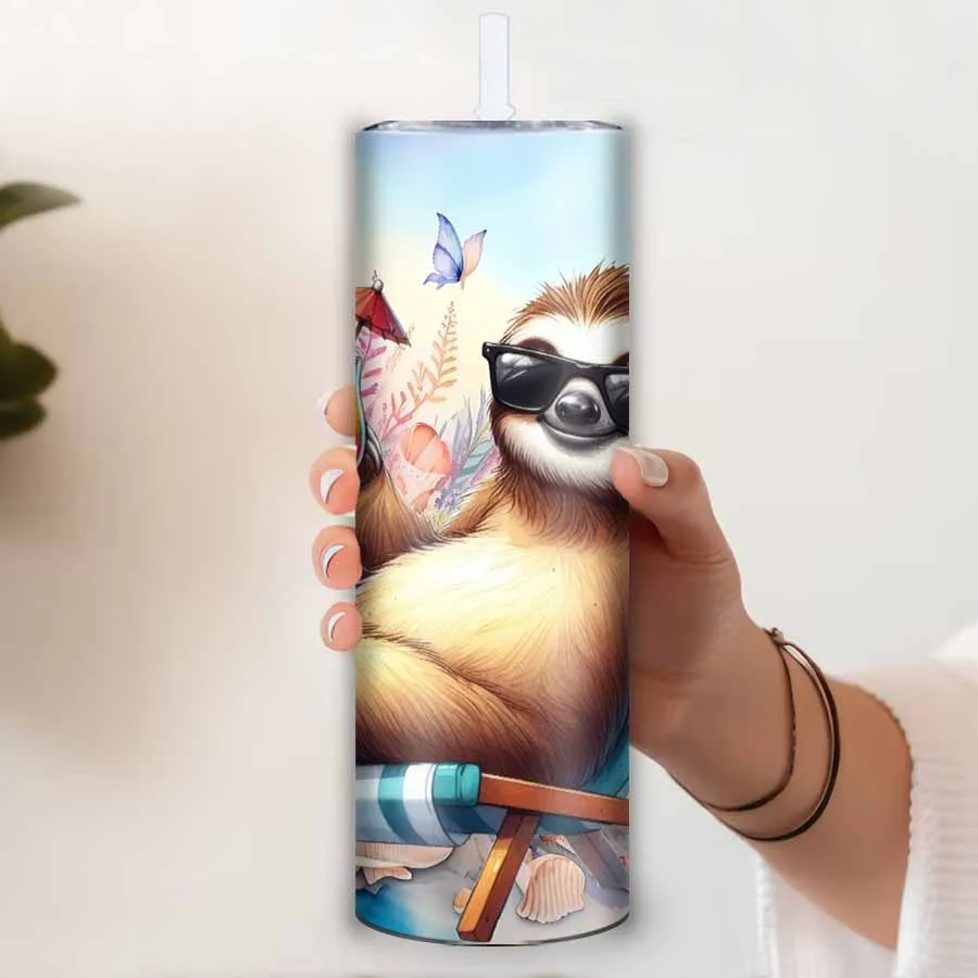 1Pc 3D Print Seaside Vacation Sloth Festive Party Cups Straw Lid 20oz Stainless Straight Tumblers Festive Holiday Party Supplies