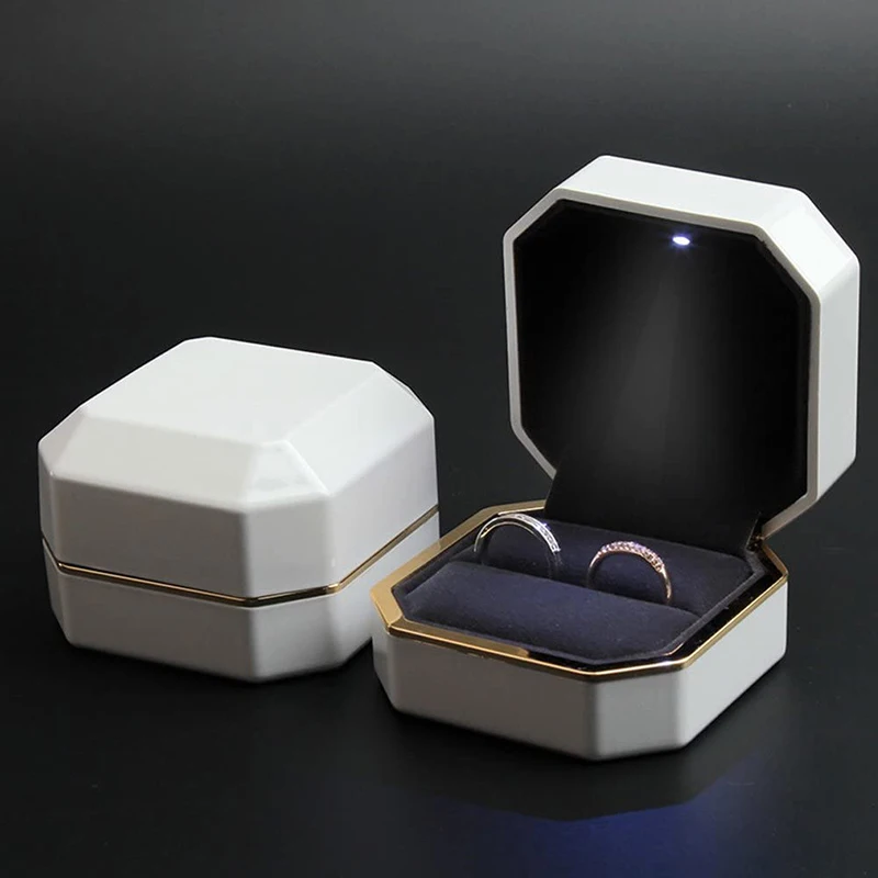 Nowy podwójny pierścień Box Wedding Square pierścień aksamitny Case Organizer biżuteria pudełko z Led Light dla propozycji pierścionek zaręczynowy pudełka
