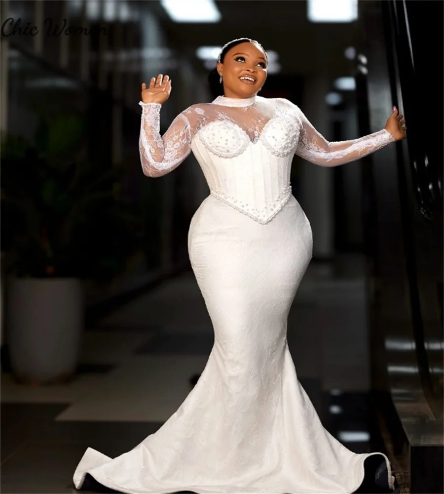 Elegant Mermaid Wedding Dress With Detachable Train 2 In 1 Plus Size Nigeria African Bridal Dress 2025 Long Sleeve Customized