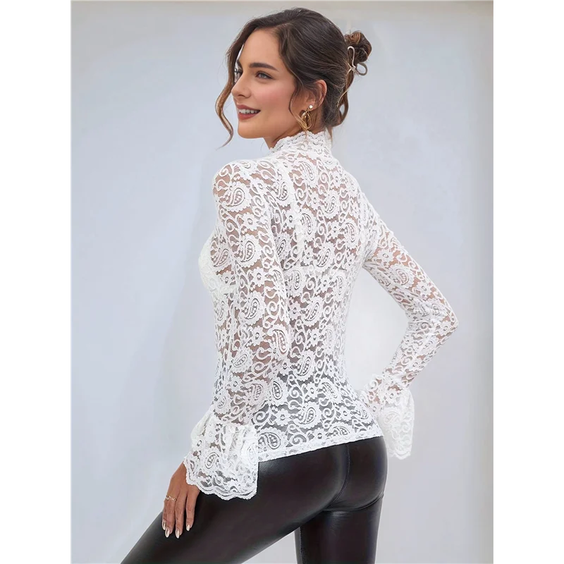 

A83F-Women Bell Sleeve Tops Dressy Hollow Out Lace Blouse Party 2025 Fashion