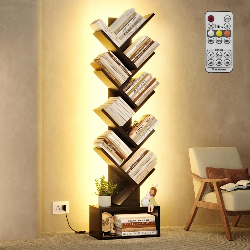Hoctieon 9 Tier Tree Bookshelf, Tall Bookcase, Freestanding Book Shelf with LED Lights, Display Floor Standing Storage Shelf, Bo