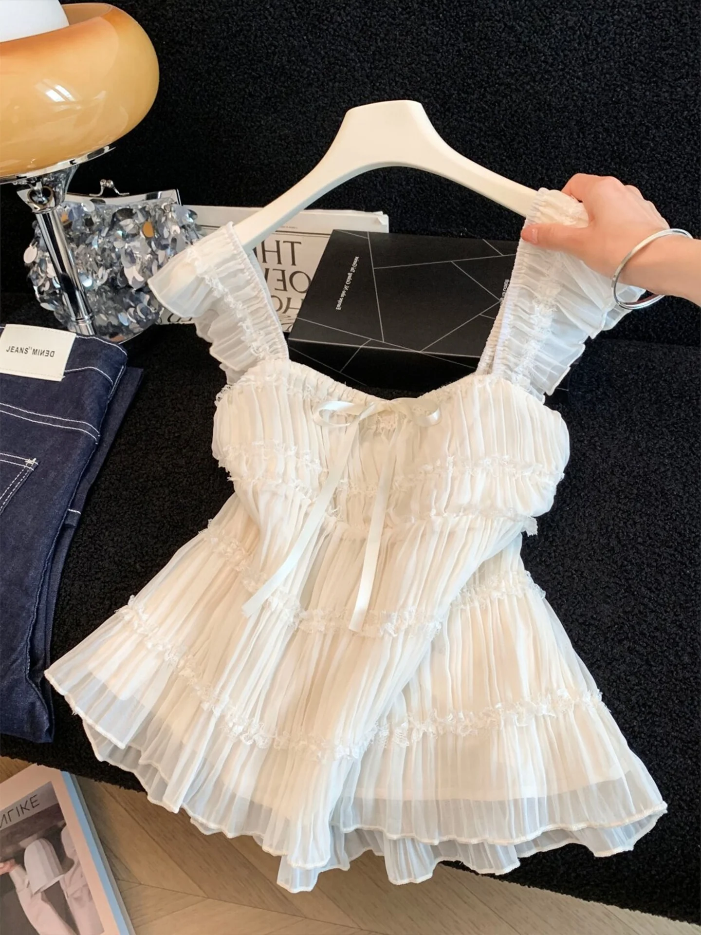 

Sweet Summer Blouse Women's Lace Texture Fly Sleeve Chiffon Top Store Owner Self-Kept Versatile Commute Style Gathered Waist